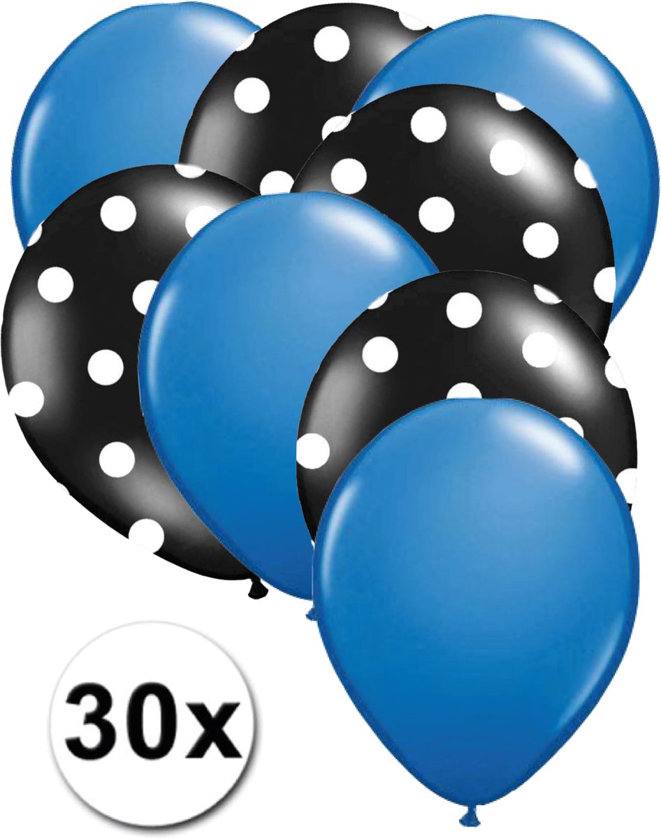 Ballonnen Blauw & Dots Zwart/Wit 30 stuks 27 cm